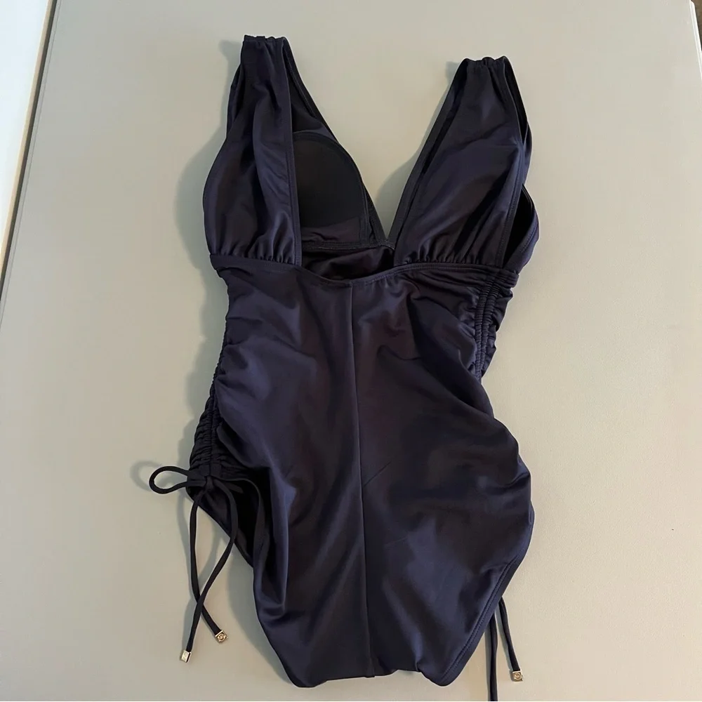 NWT Michael Michael Kors Navy Ruched One-Piece Swimsuit Size 8 Plunge Neckline - Picture 8 of 9